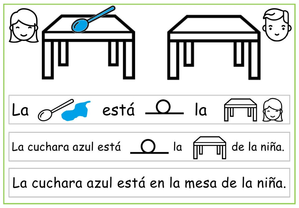 Spanish sentence-building page: a blue spoon on la mesa de la niña (the girl's table), in three formats.