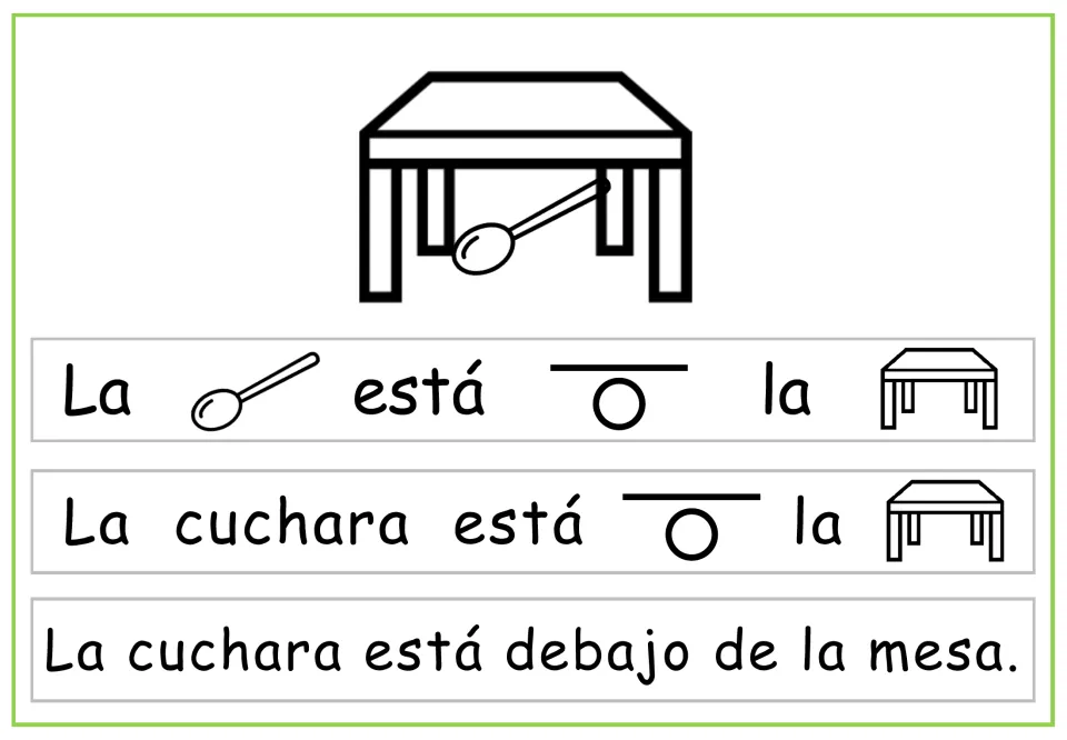 Spanish sentence-building page: 'La cuchara está debajo de la mesa' (The spoon is under the table).