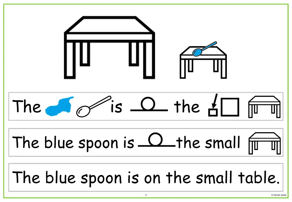 Size word small: students spot the spoon on the smaller table and build "The blue spoon is on the small table."