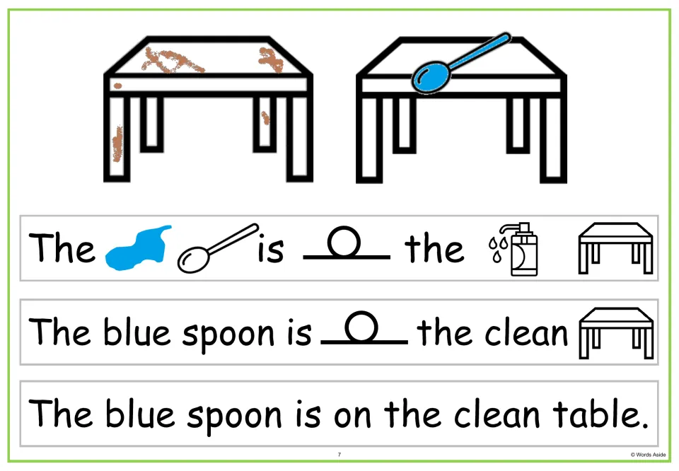 Describing word clean: a spray bottle symbol guides students to build "The blue spoon is on the clean table."