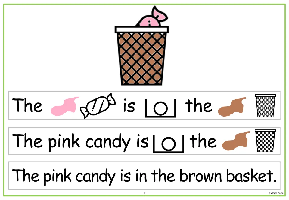 Sentence-building task card: 'The pink candy is in the brown basket,' with three levels of visual support.