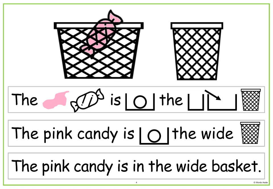 Sentence-building task card: 'The pink candy is in the wide basket,' with three levels of visual support.