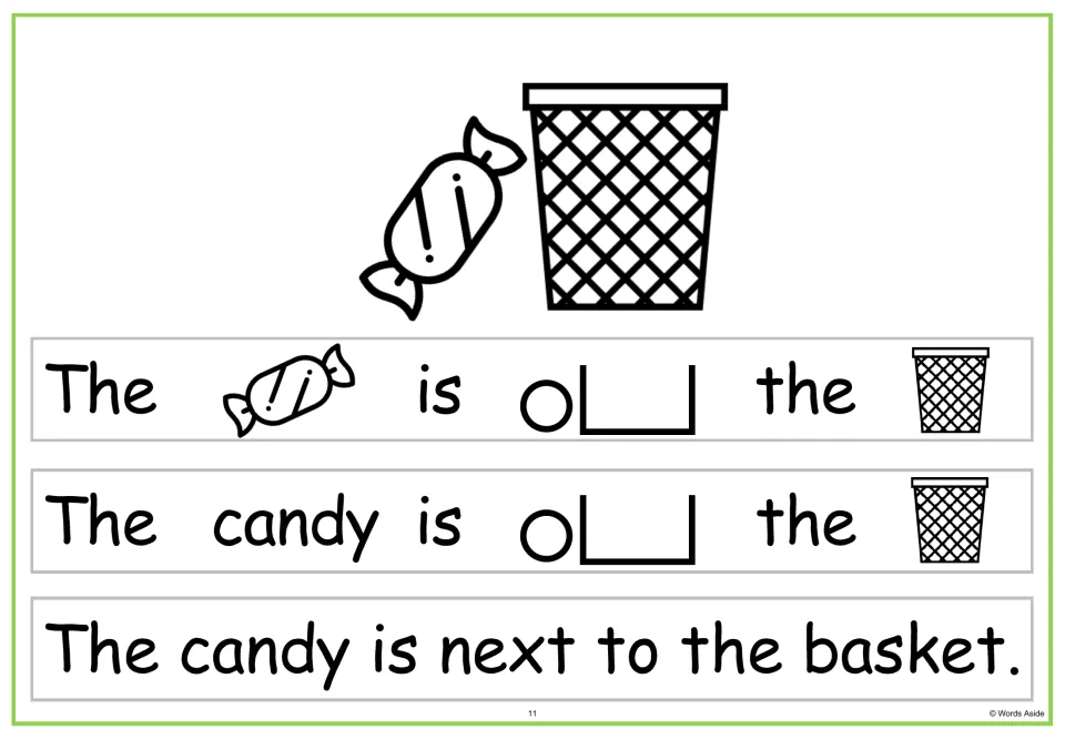 Sentence-building task card: 'The candy is next to the basket,' in three versions with fading visual cues.