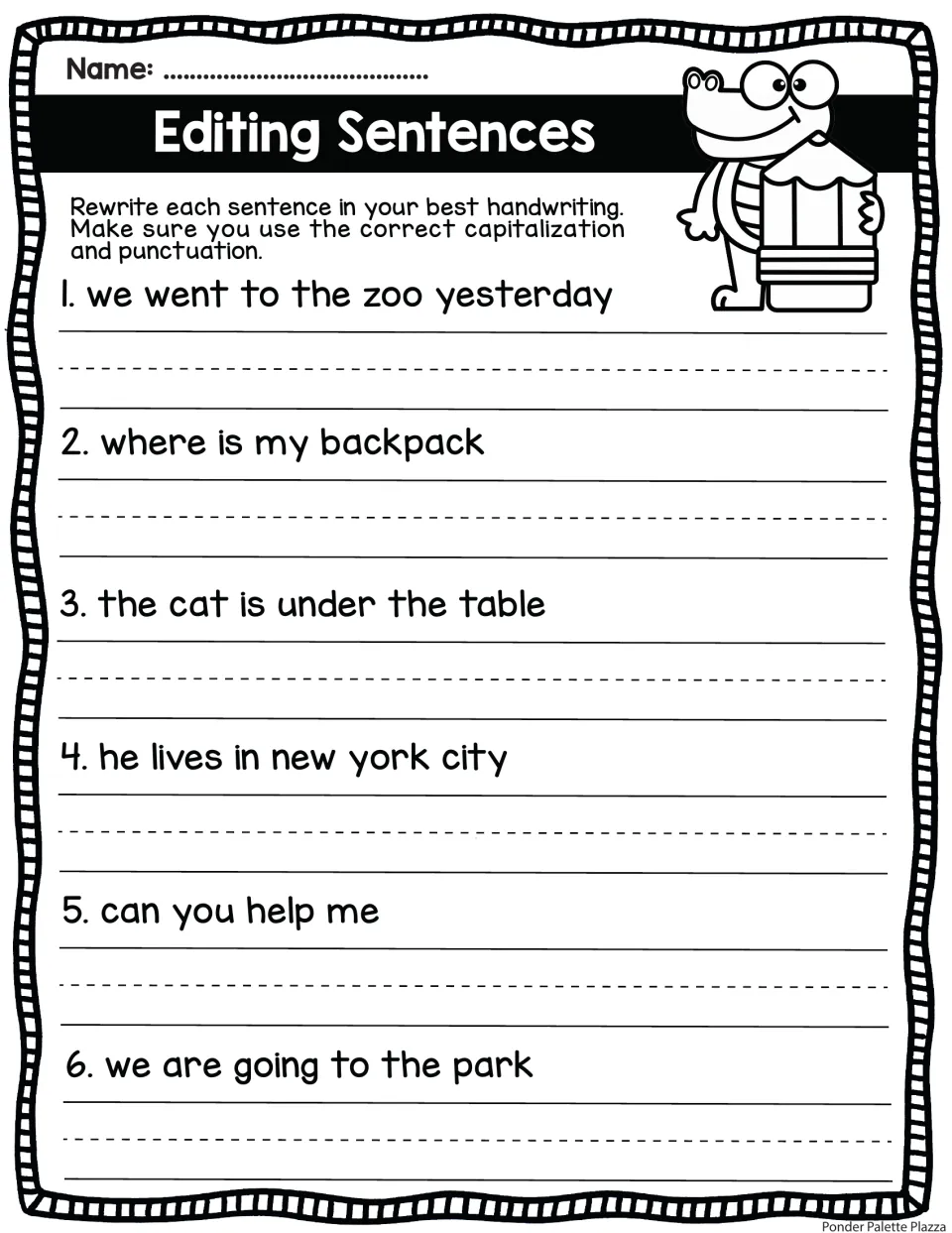 Editing Sentences: students rewrite "where is my backpack" and "he lives in new york city" with capitals and punctuation