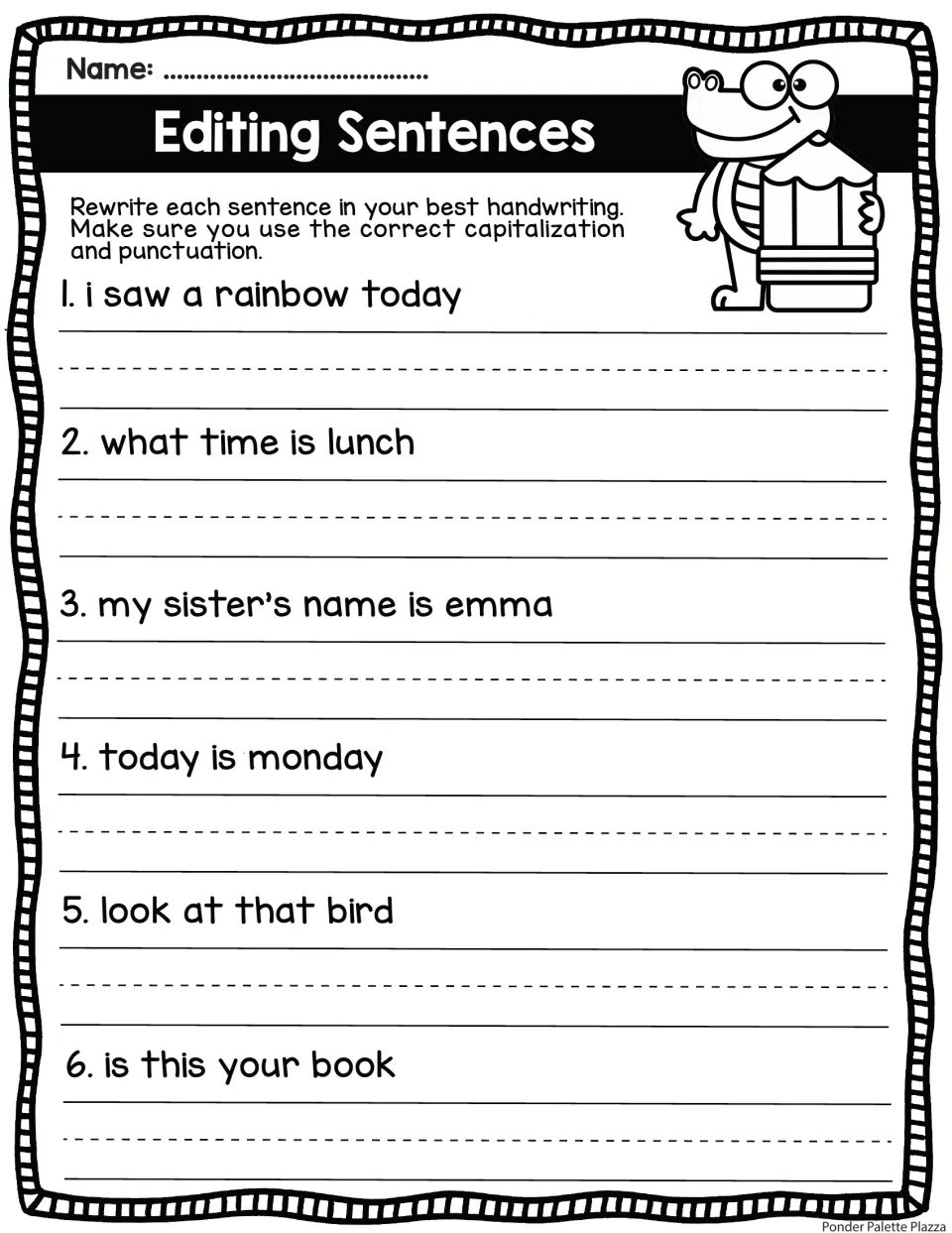 Capitalization and punctuation: students rewrite 6 sentences such as "today is monday" and "is this your book" correctly
