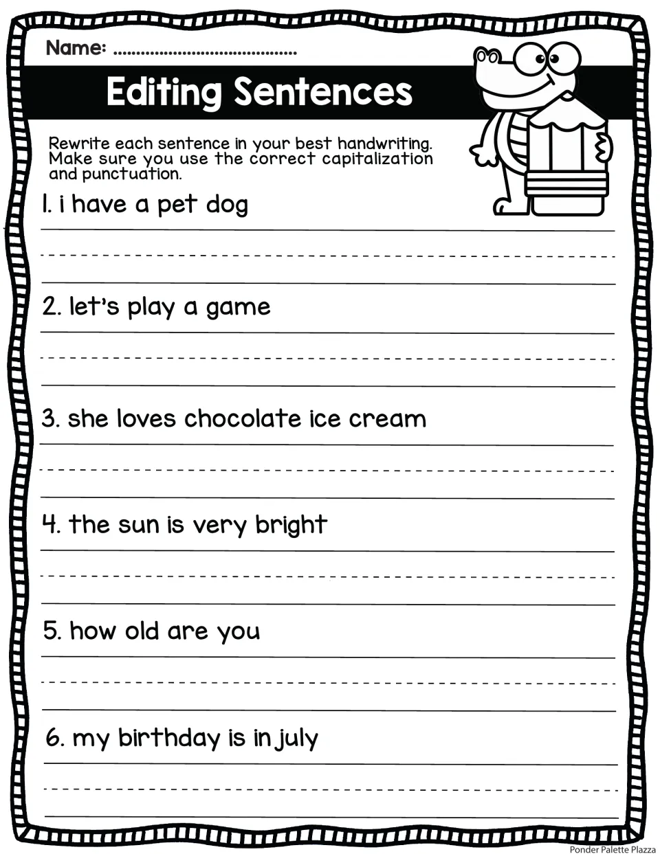 Sentence editing: students fix "how old are you" and "my birthday is in july" plus 4 more with capitals and punctuation