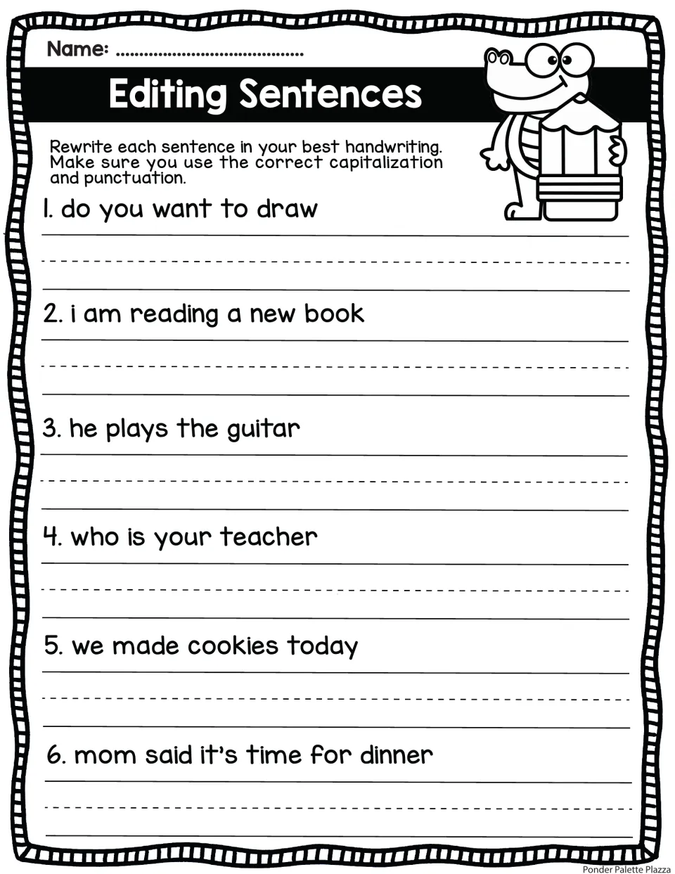 Editing practice: students rewrite sentences like "who is your teacher" and "we made cookies today" with punctuation