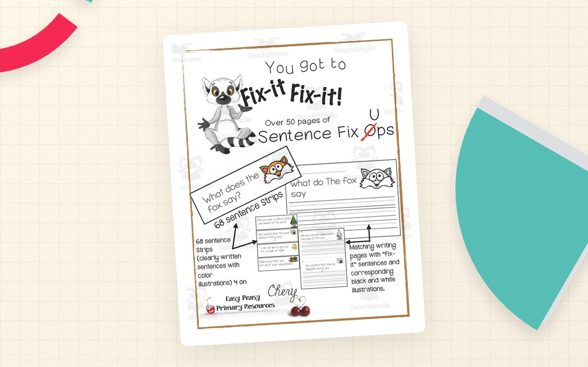 Sentence Fix-Ups worksheet cover with a marked-up sentence, editing symbols, and practice-page previews.