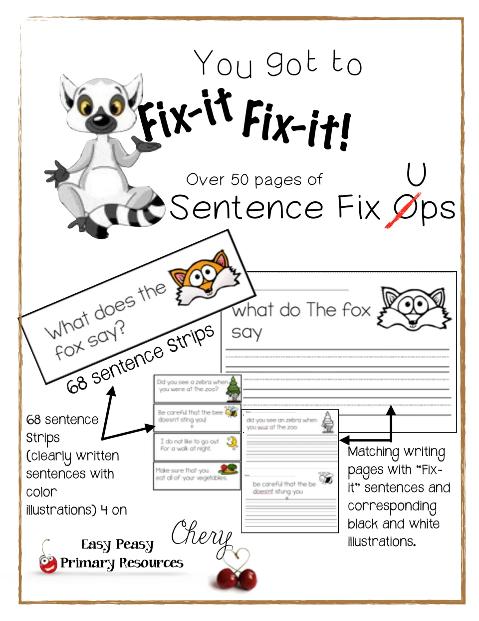 Fix-it sentence cover: 68 color sentence strips and matching fix-it writing pages with black and white pictures