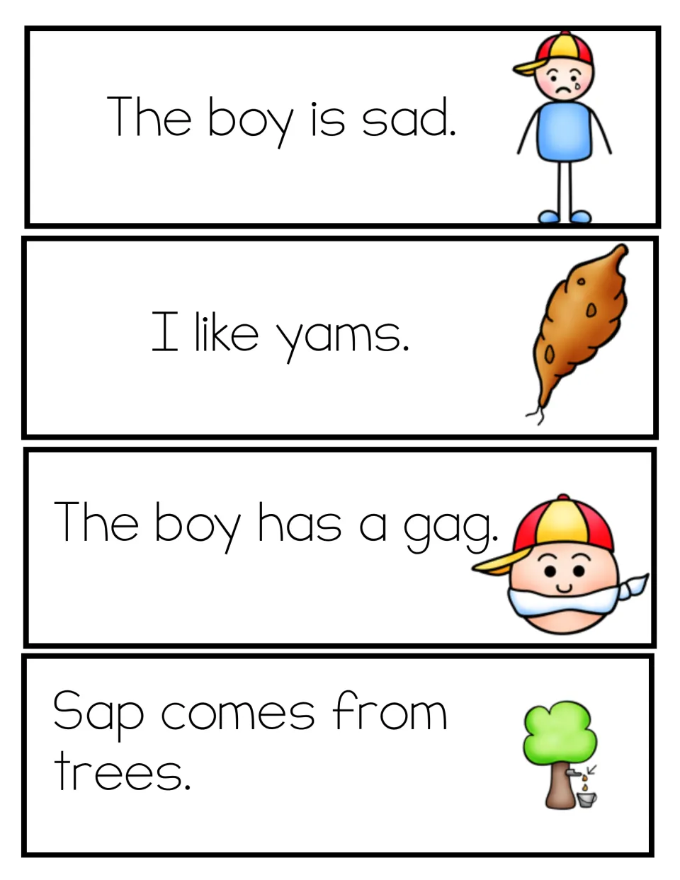 Sentence strips: The boy is sad, I like yams, The boy has a gag and Sap comes from trees, each with a color picture