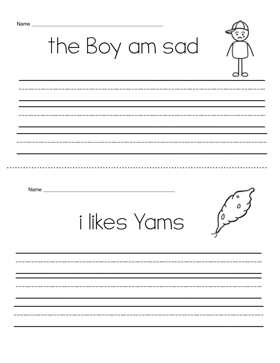 Fix-it writing: students rewrite the Boy am sad and i likes Yams correctly, fixing capitals and verb agreement