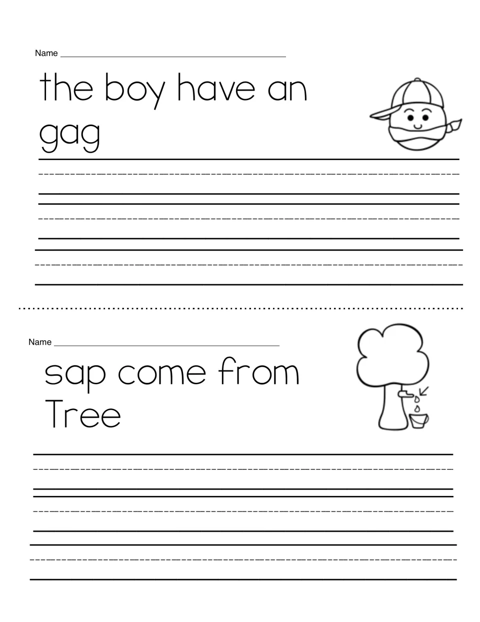 Fix-it writing: students correct the boy have an gag and sap come from Tree, fixing verbs, articles and capitals