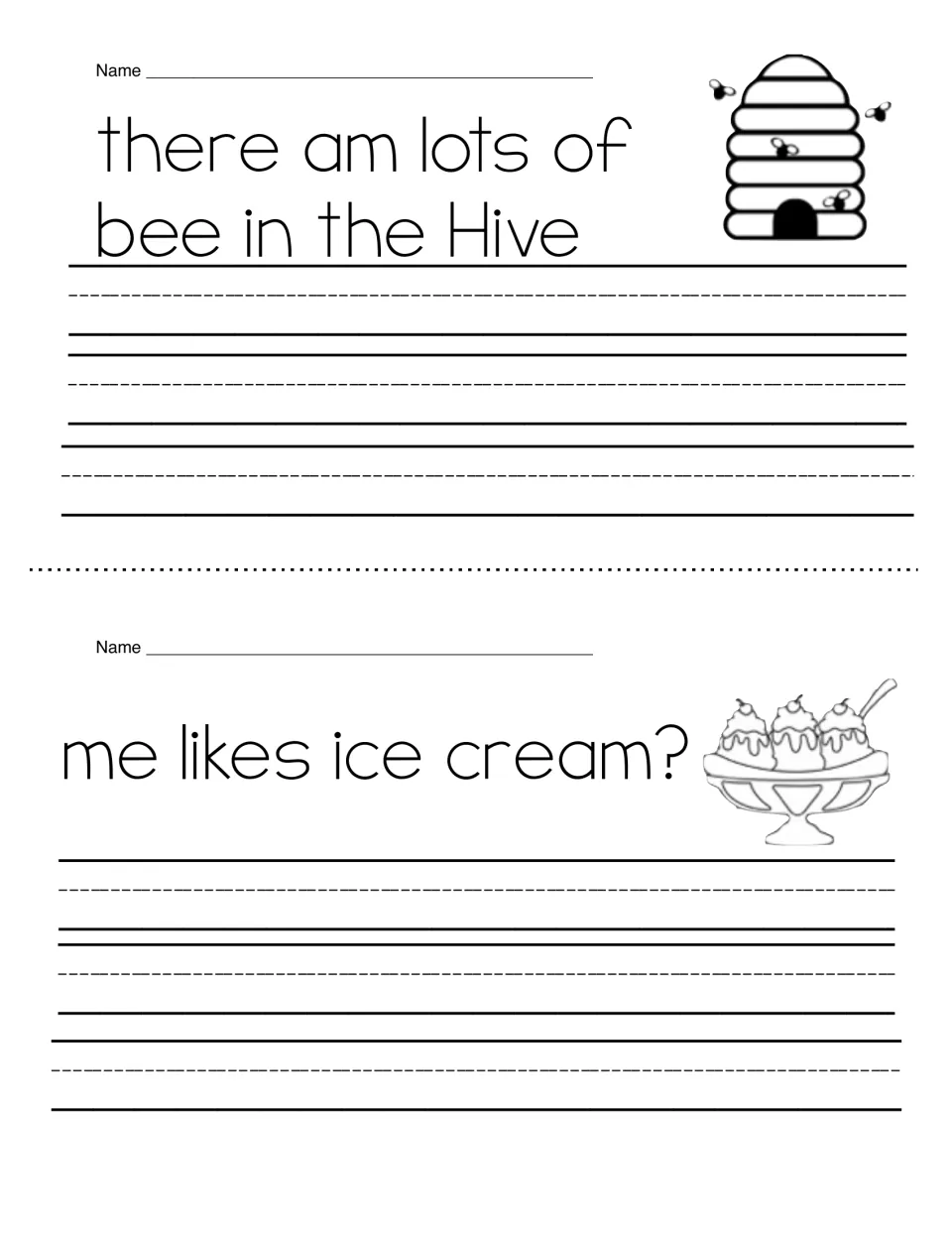 Fix-it writing: students fix there am lots of bee in the Hive and me likes ice cream? for verbs, pronouns and punctuation