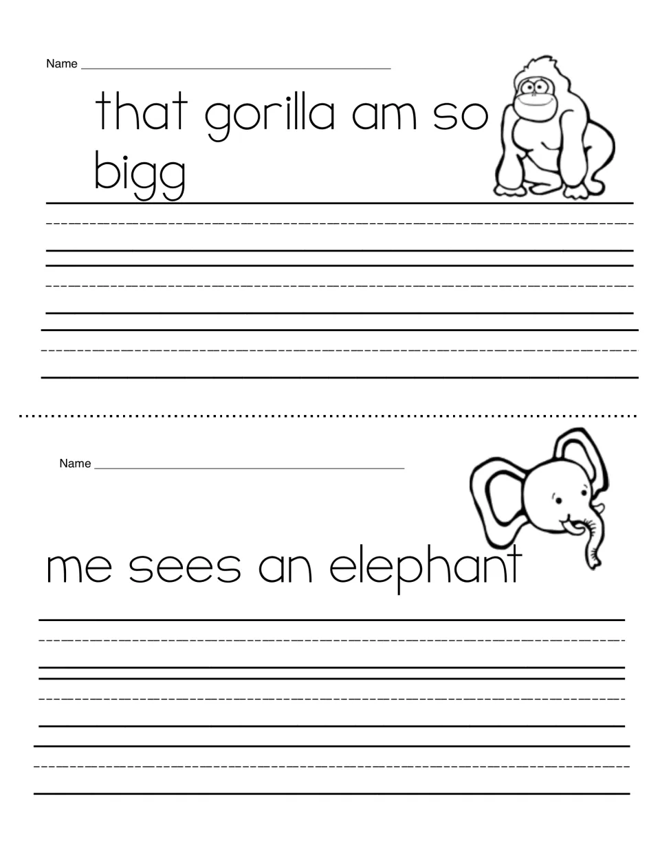 Fix-it writing: students correct that gorilla am so bigg and me sees an elephant, fixing spelling and pronouns