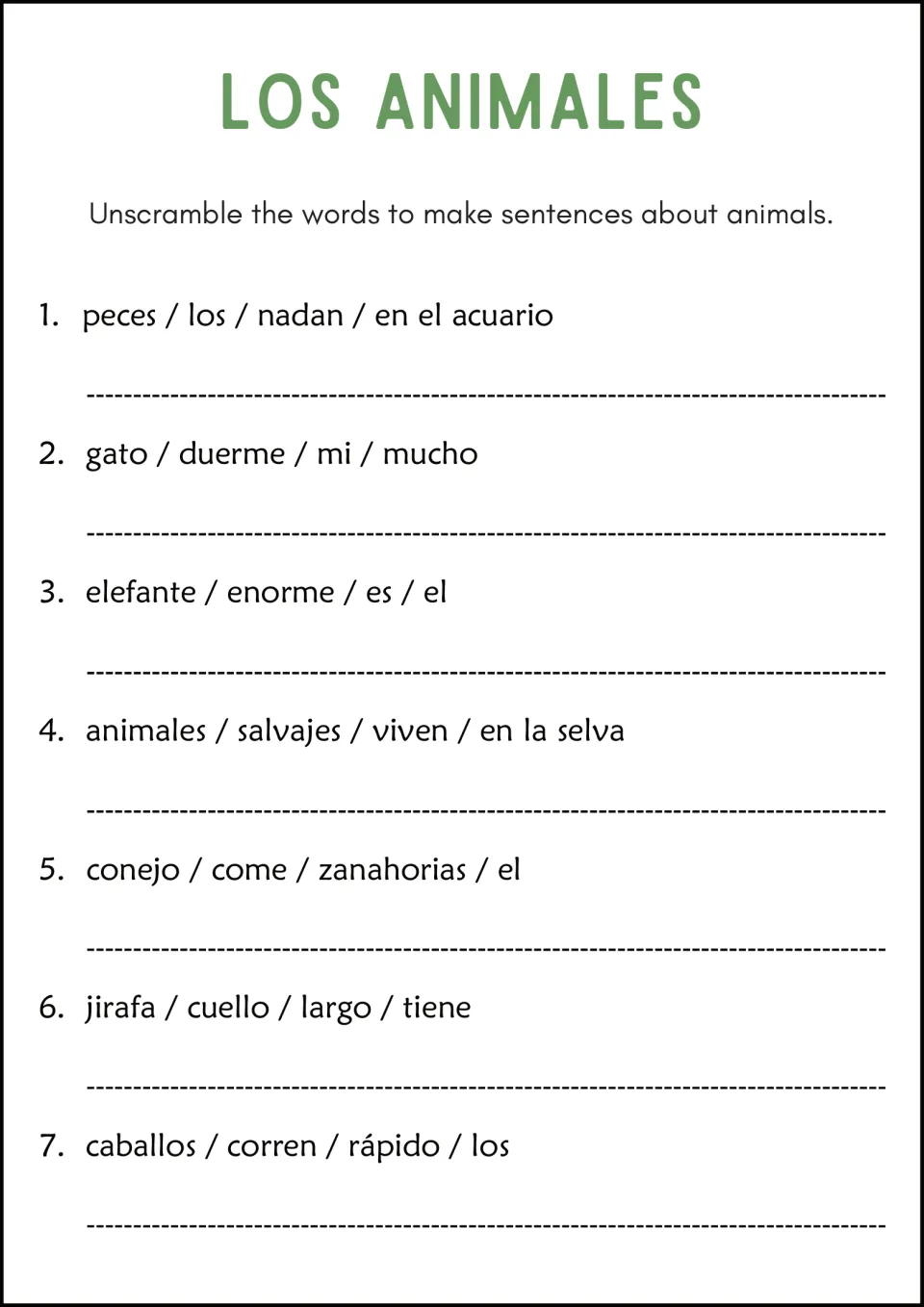 Los Animales: students reorder words into 7 Spanish sentences about fish, a cat, an elephant, a rabbit and a giraffe