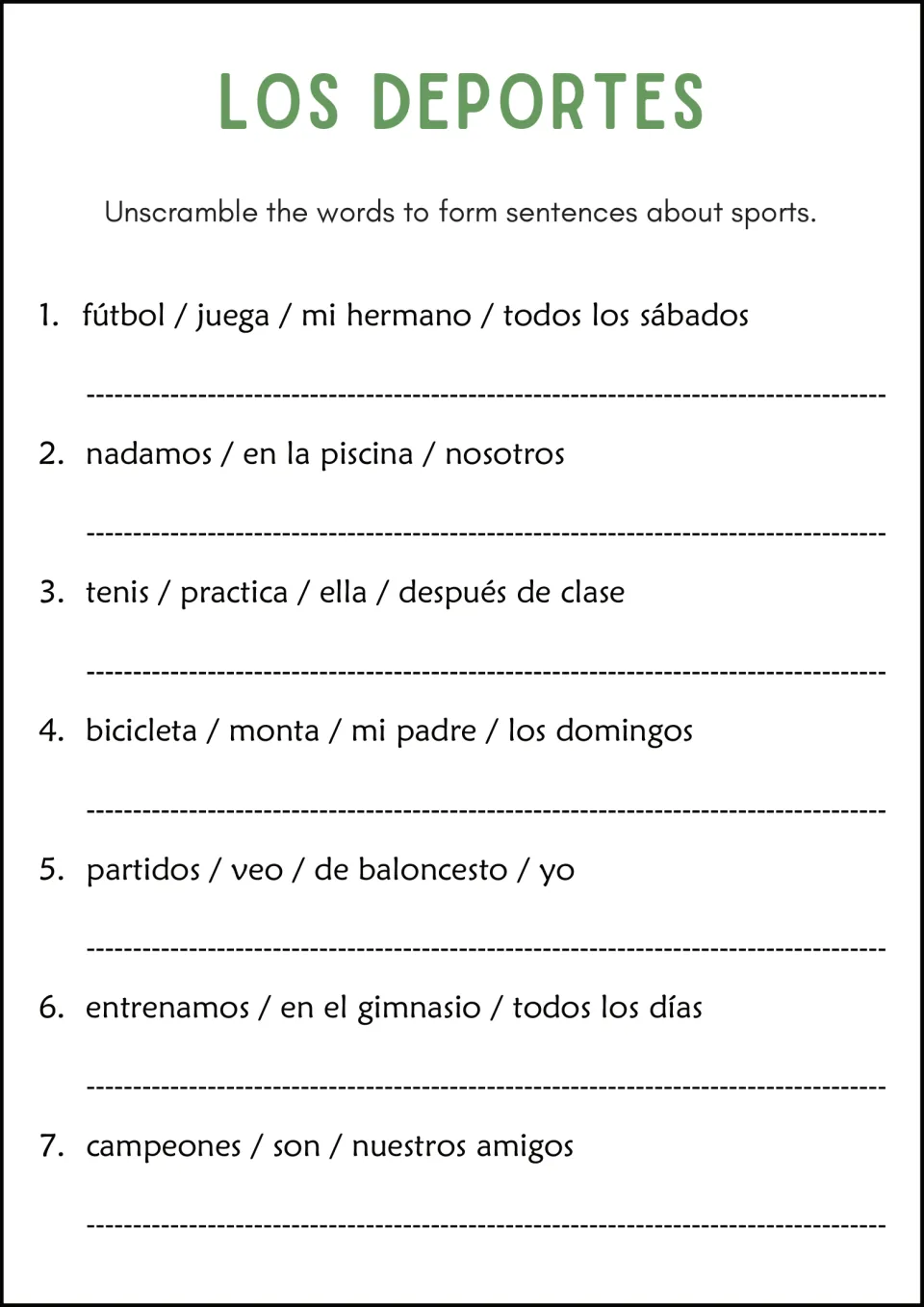Los Deportes: students reorder words to write 7 Spanish sentences about soccer, swimming, tennis, cycling and basketball