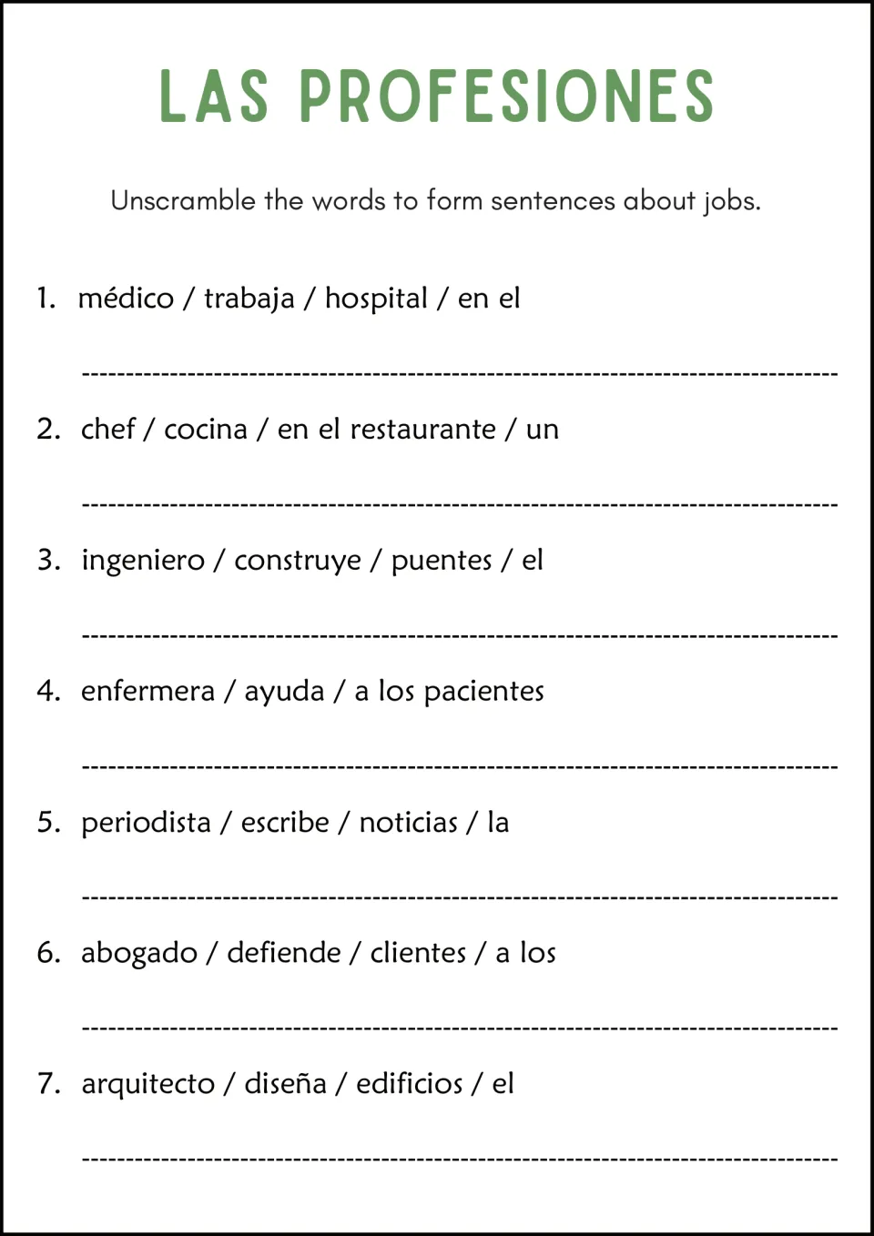 Las Profesiones: students unscramble 7 Spanish sentences about jobs such as doctor, chef, engineer, nurse and lawyer