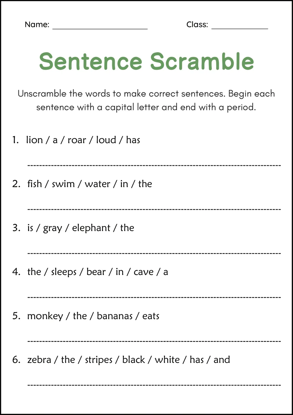 Animal word order: students reorder six jumbled word sets about a lion, fish, elephant, bear, monkey and zebra