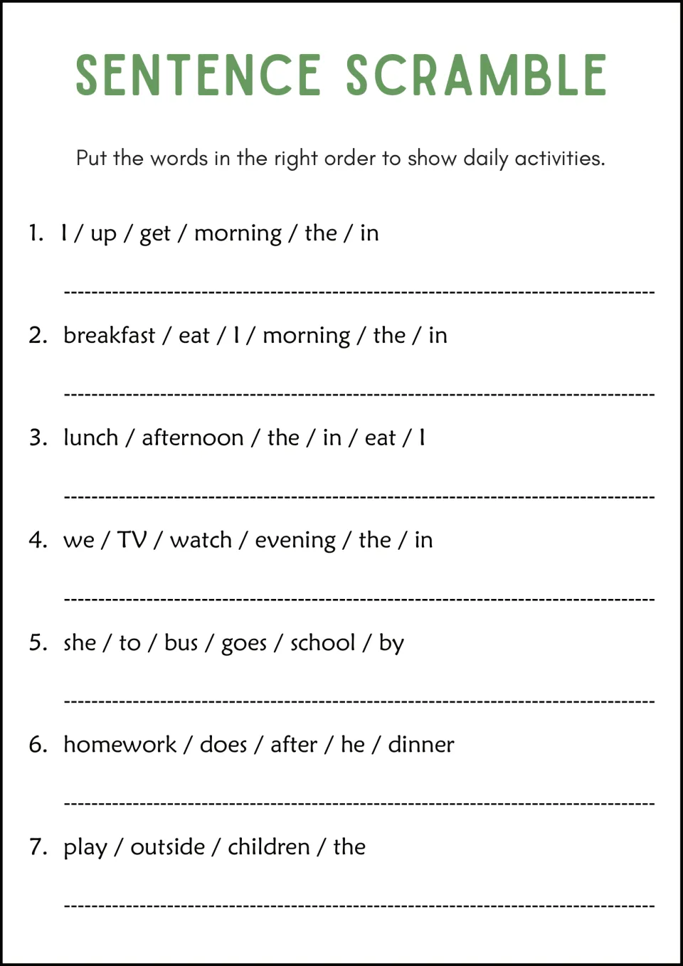 Daily routines: children build statements about getting up, meals, watching TV, the bus, homework and play