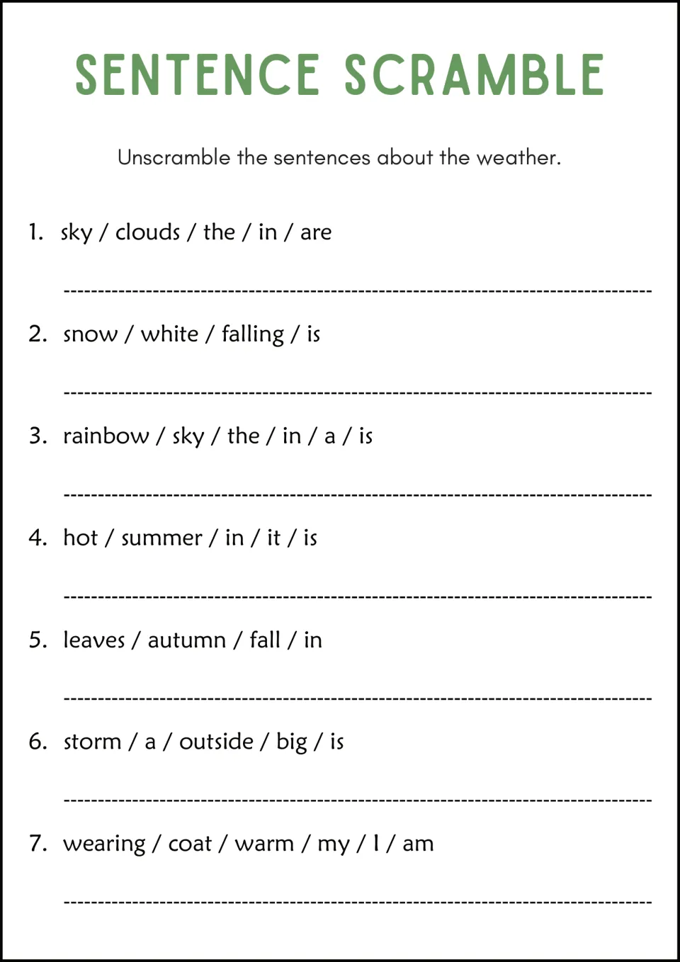 Weather topic: students rebuild jumbled lines about clouds, snow, a rainbow, summer heat, autumn leaves and a storm