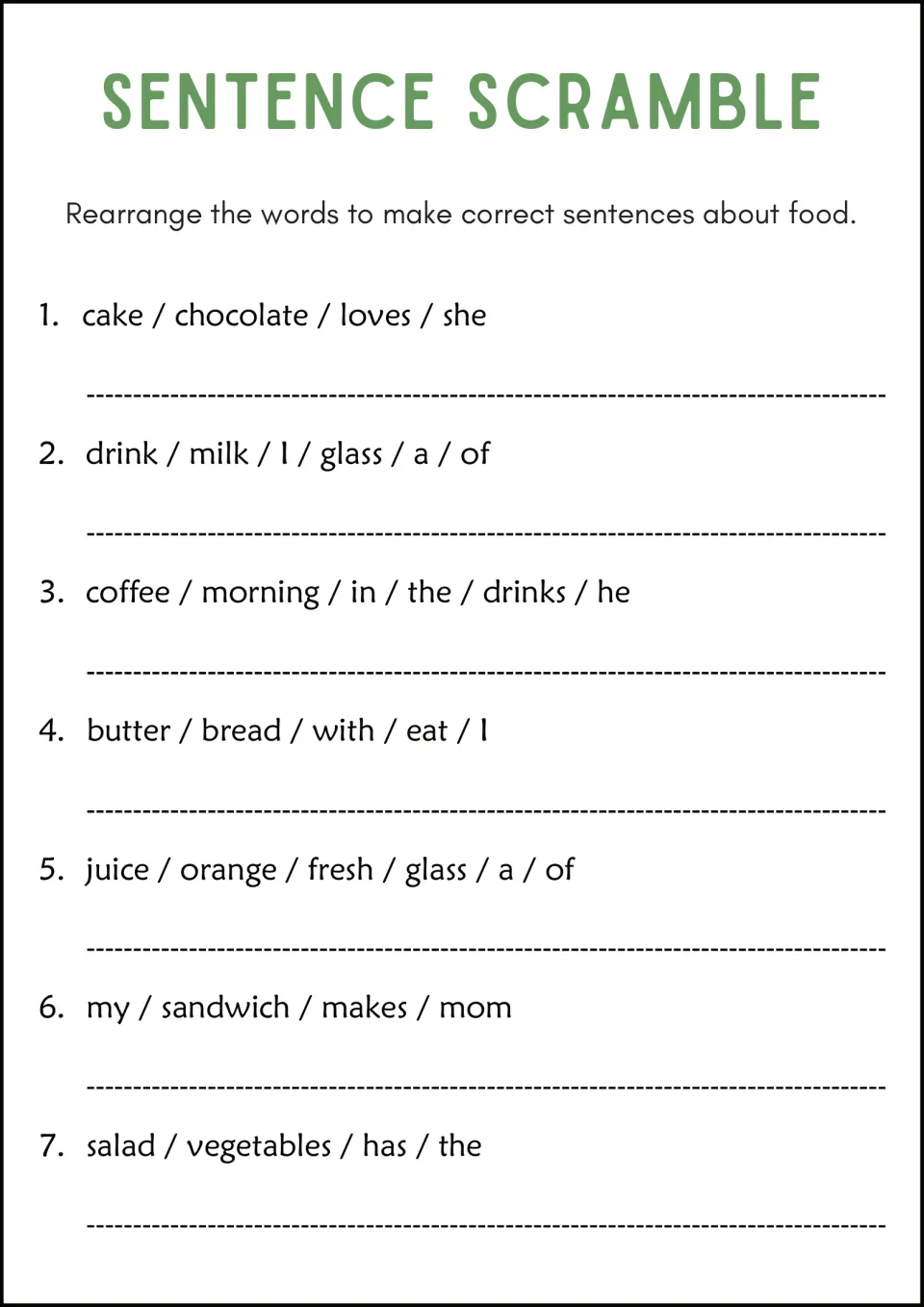 Food vocabulary: learners fix the order of word strings about chocolate cake, milk, coffee, bread, juice and salad