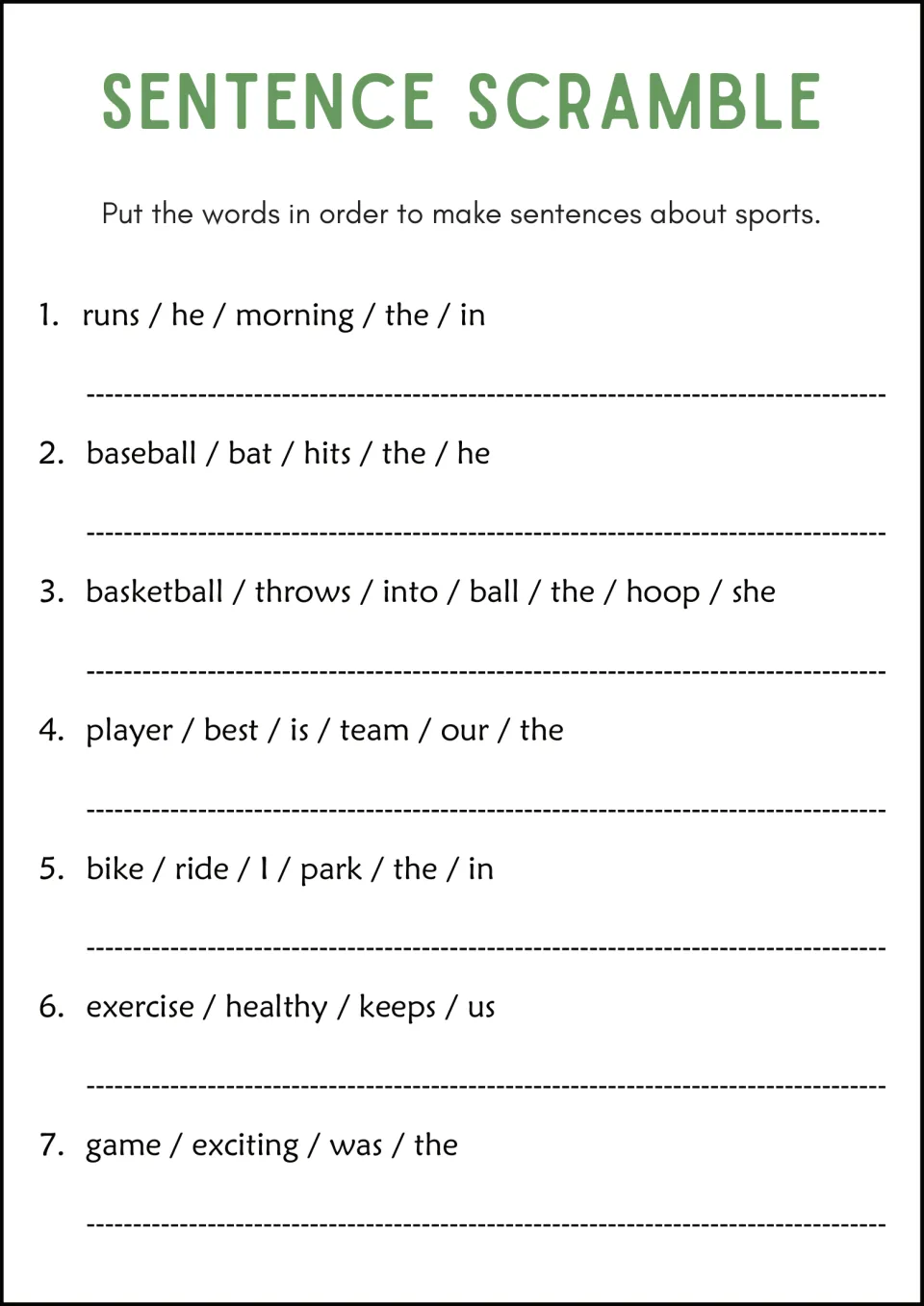 Sports focus: pupils arrange word sets about running, a baseball bat, a basketball hoop, bike rides and a game