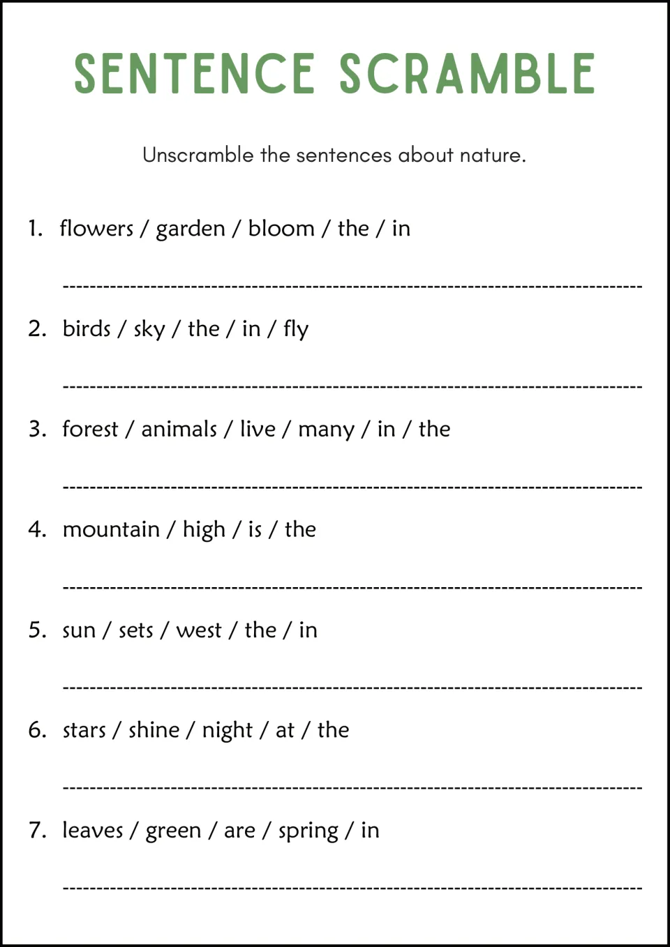 Nature theme: children unjumble word groups about blooming flowers, birds, forest animals, a mountain, sun and stars