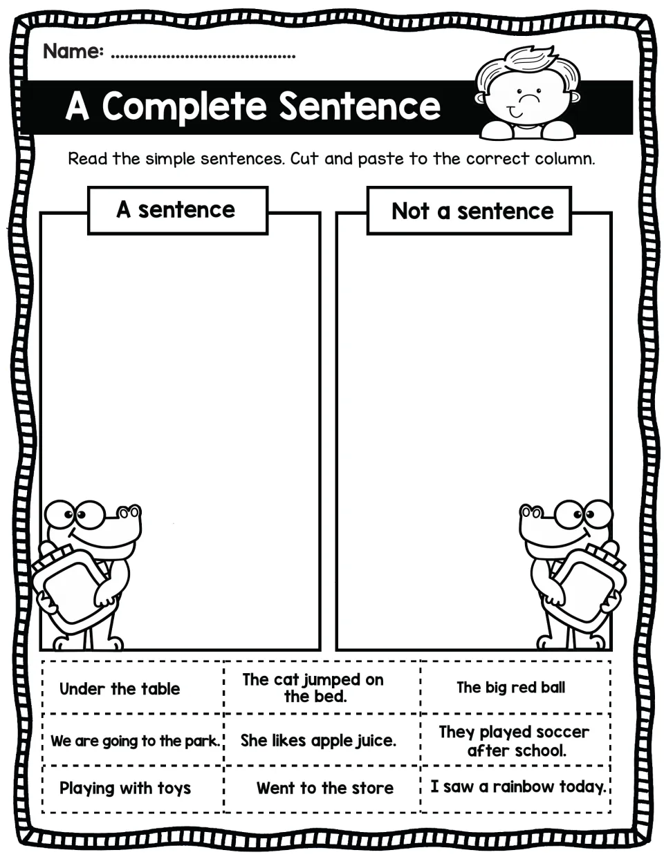 Complete vs. incomplete sentences: students cut and sort 9 strips such as Under the table and The cat jumped on the bed.