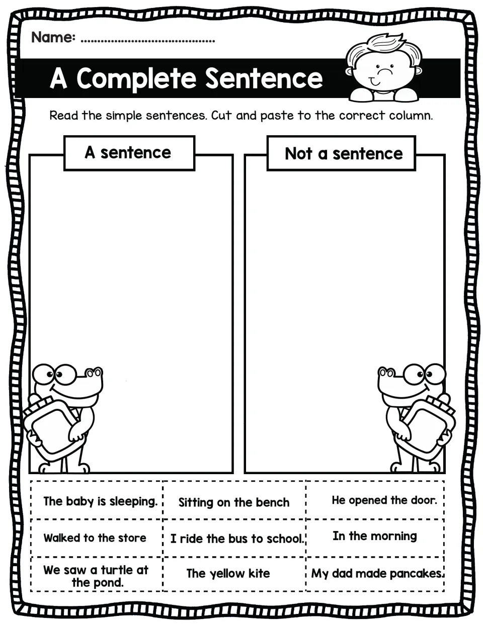 Sentence or fragment sort: students cut out 9 strips like The baby is sleeping and In the morning and paste them