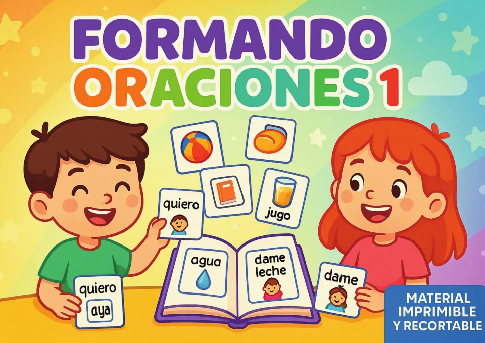 Cover of Formando Oraciones 1, a printable Spanish sentence-building resource illustrated with word cards