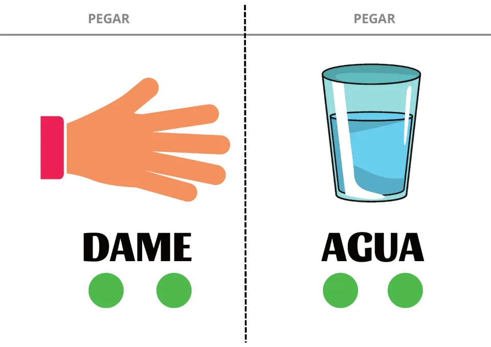 Spanish sentence-building cards 1–2: DAME (give me) and AGUA (water), illustrated with a hand and a glass