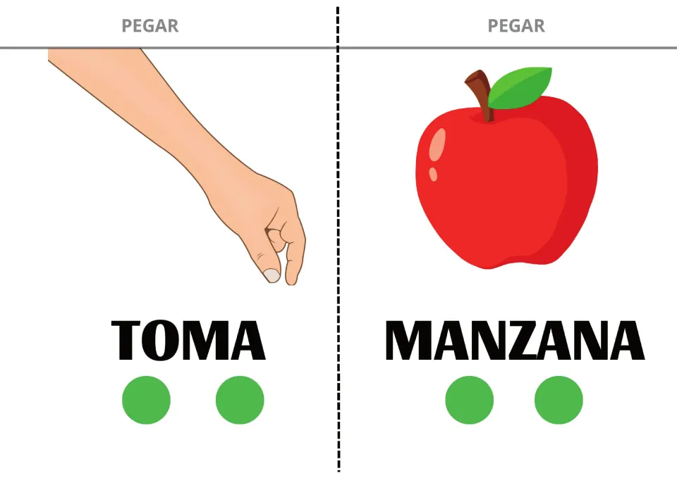 Spanish sentence-building cards 3–4: TOMA (take) and MANZANA (apple), illustrated with a hand and an apple
