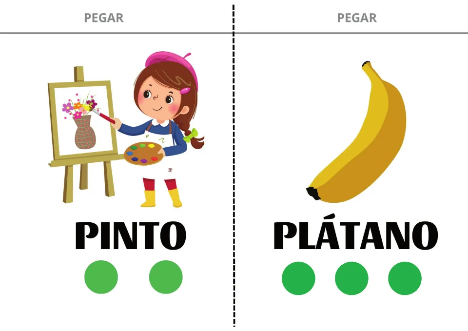 Spanish sentence-building cards 5–6: PINTO (I paint) and PLÁTANO (banana), with pictures for both words