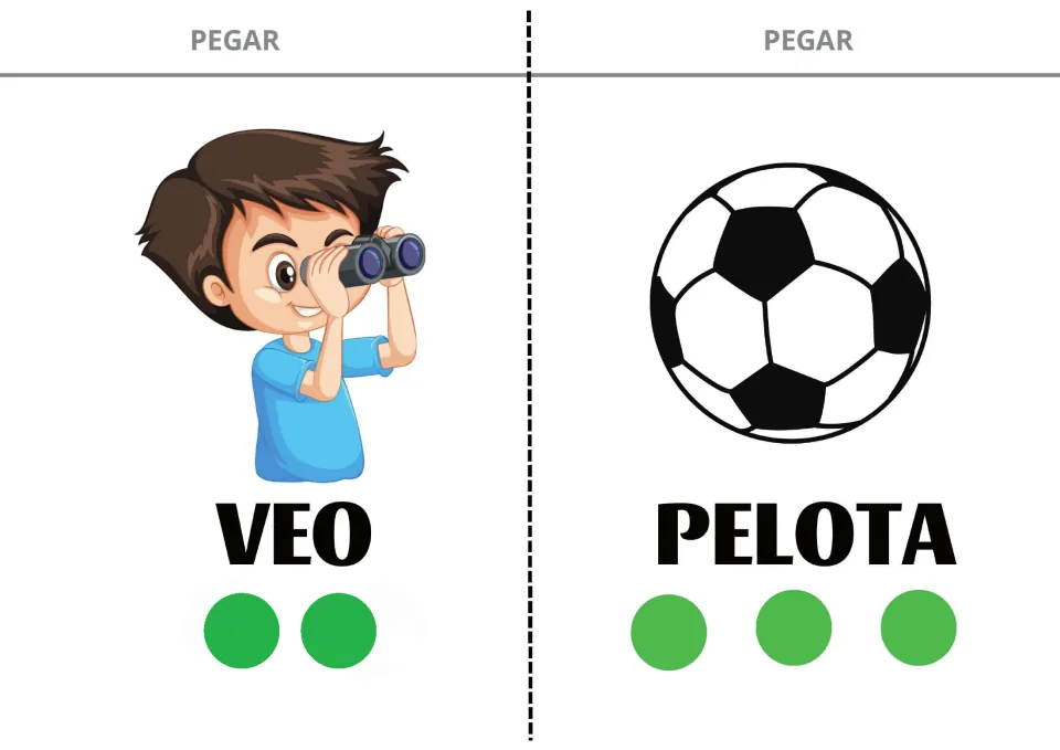 Spanish sentence-building cards 7–8: VEO (I see) and PELOTA (ball), showing a boy with binoculars and a ball