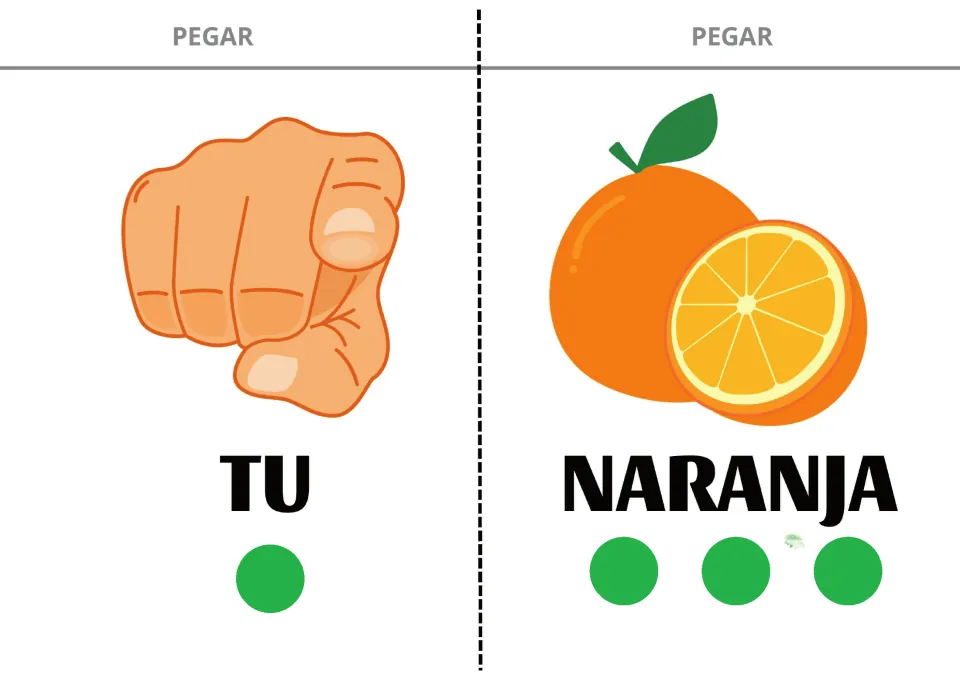 Spanish sentence-building cards 9–10: TU (you) and NARANJA (orange), showing a pointing hand and an orange