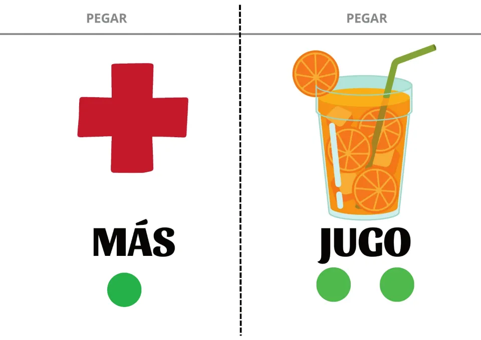 Spanish sentence-building cards 15–16: MÁS (more) and JUGO (juice), showing a plus sign and a juice glass