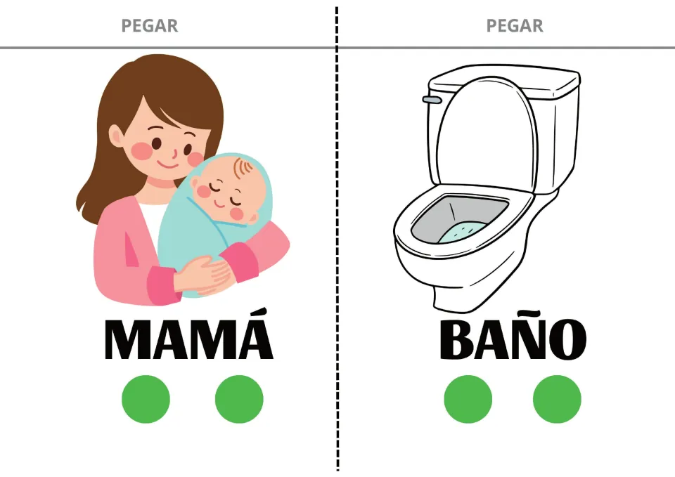 Spanish sentence-building cards 17–18: MAMÁ (mom) and BAÑO (bathroom), showing a mother with baby and a toilet