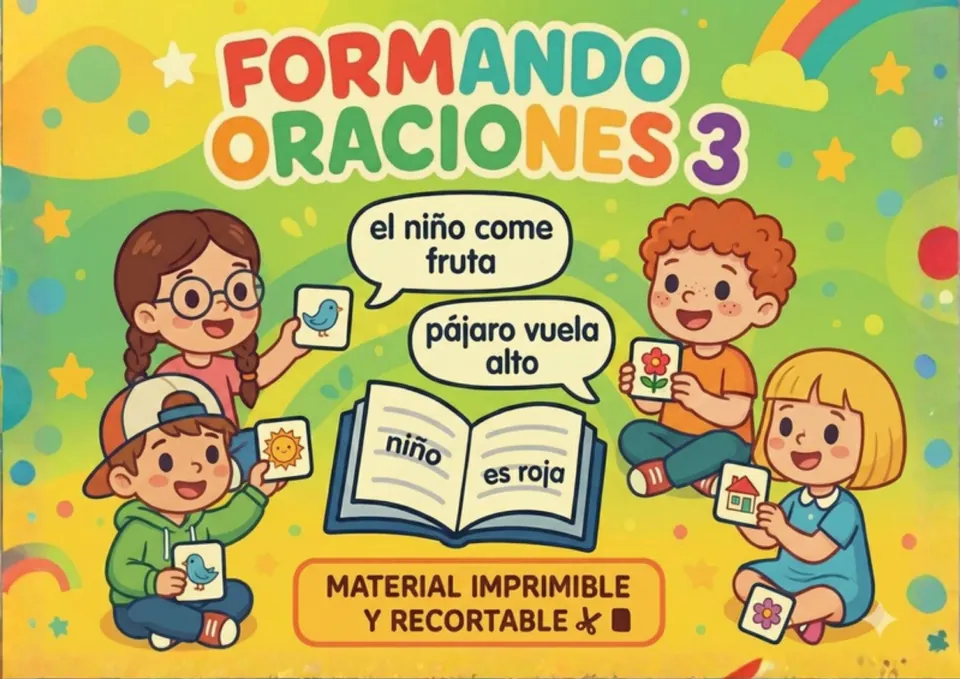 Cover of Formando Oraciones 3, a printable Spanish sentence-building resource with cut-apart word cards