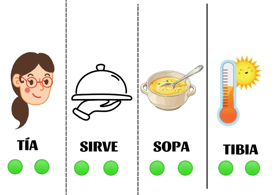 Spanish sentence-building cards 21–24: tía (aunt), sirve (serves), sopa (soup), and tibia (lukewarm)