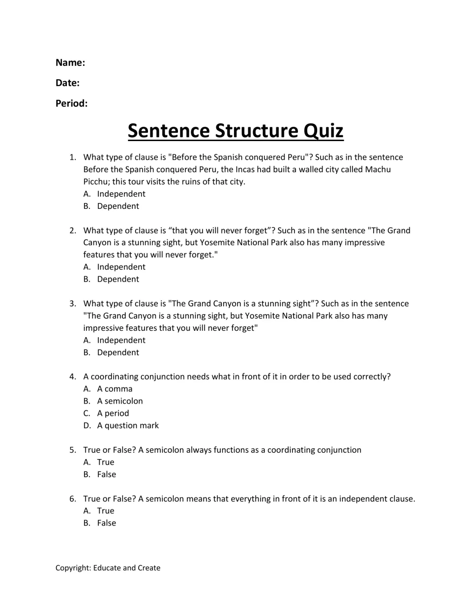 Clauses and conjunctions quiz: students identify independent vs dependent clauses and judge comma and semicolon rules
