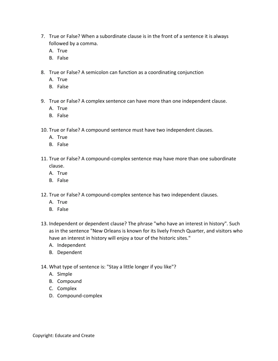 Sentence type rules: students answer true-or-false items on compound and complex sentences, then name a clause type