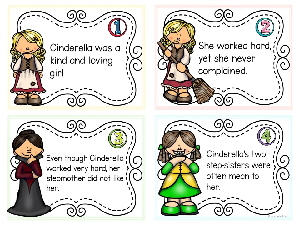 Task cards 1-4: Cinderella sentences about her kindness, hard work and mean step-sisters to classify by structure