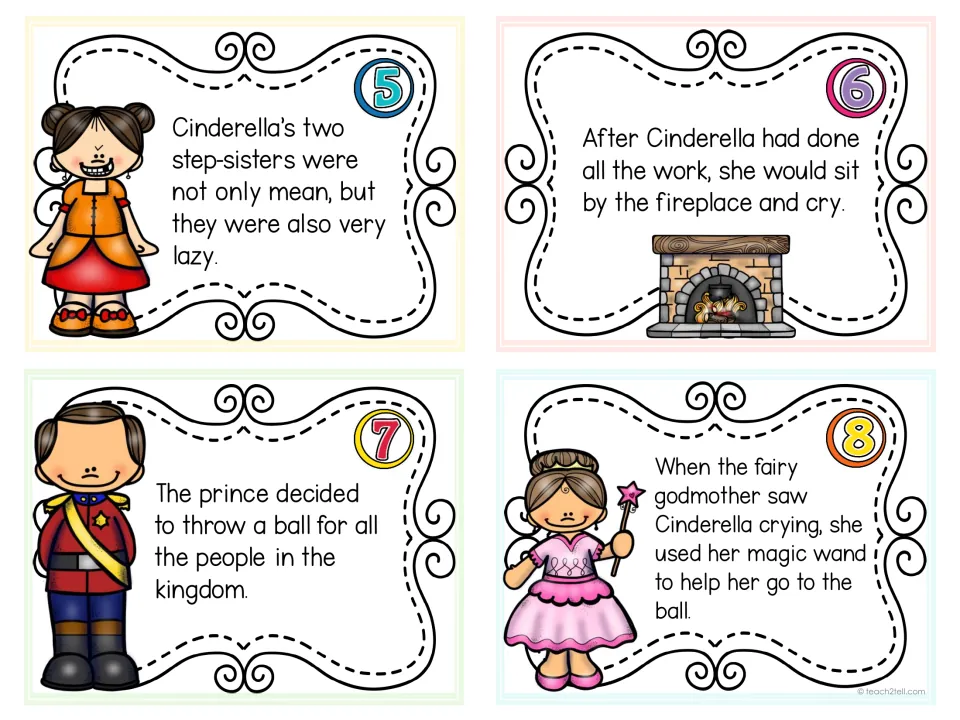 Task cards 5-8: sentences about lazy step-sisters, crying by the fireplace, the prince's ball and the fairy godmother