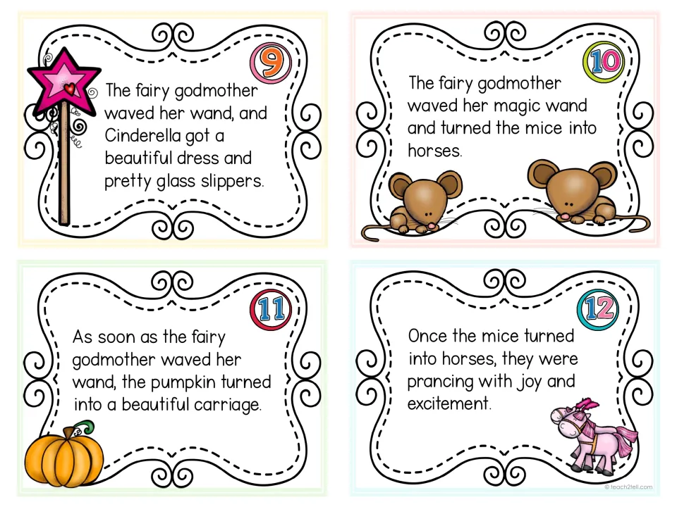 Task cards 9-12: fairy godmother sentences about the wand, glass slippers, mice into horses and a pumpkin carriage