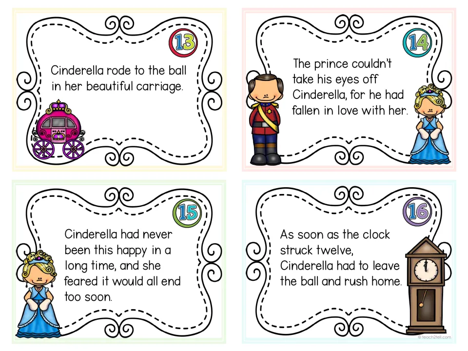 Task cards 13-16: sentences about riding to the ball, the prince falling in love and the clock striking twelve