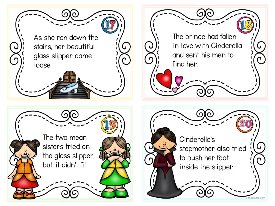 Task cards 17-20: sentences about the lost glass slipper, the prince's search and the sisters trying it on