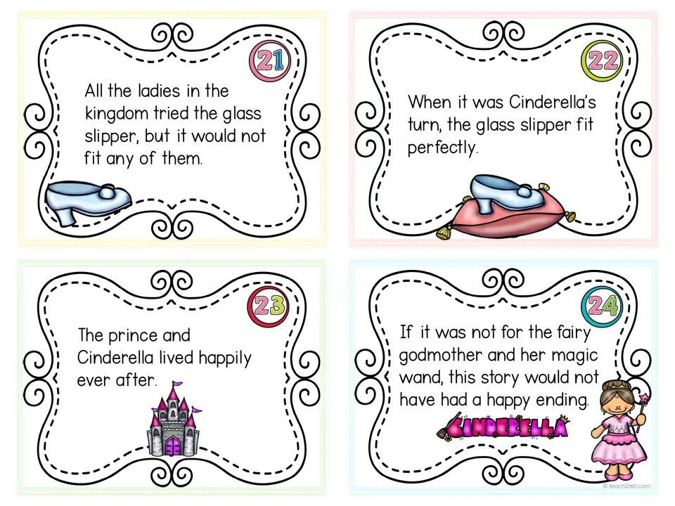 Task cards 21-24: sentences about the slipper fitting Cinderella, living happily ever after and the happy ending