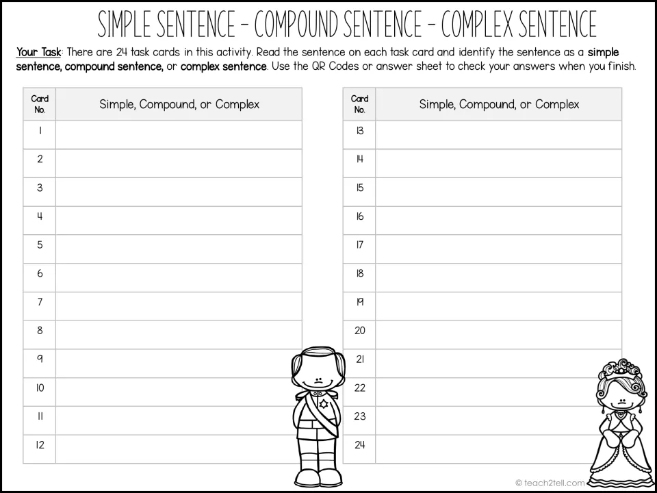 Recording sheet: students write simple, compound or complex beside card numbers 1 to 24 as they visit each card
