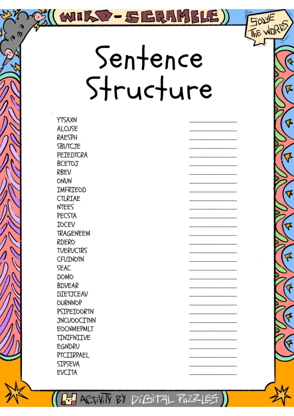Sentence structure word scramble: 30 grammar terms to unscramble, including YTSAXN, ALCUSE, and RAESPH.