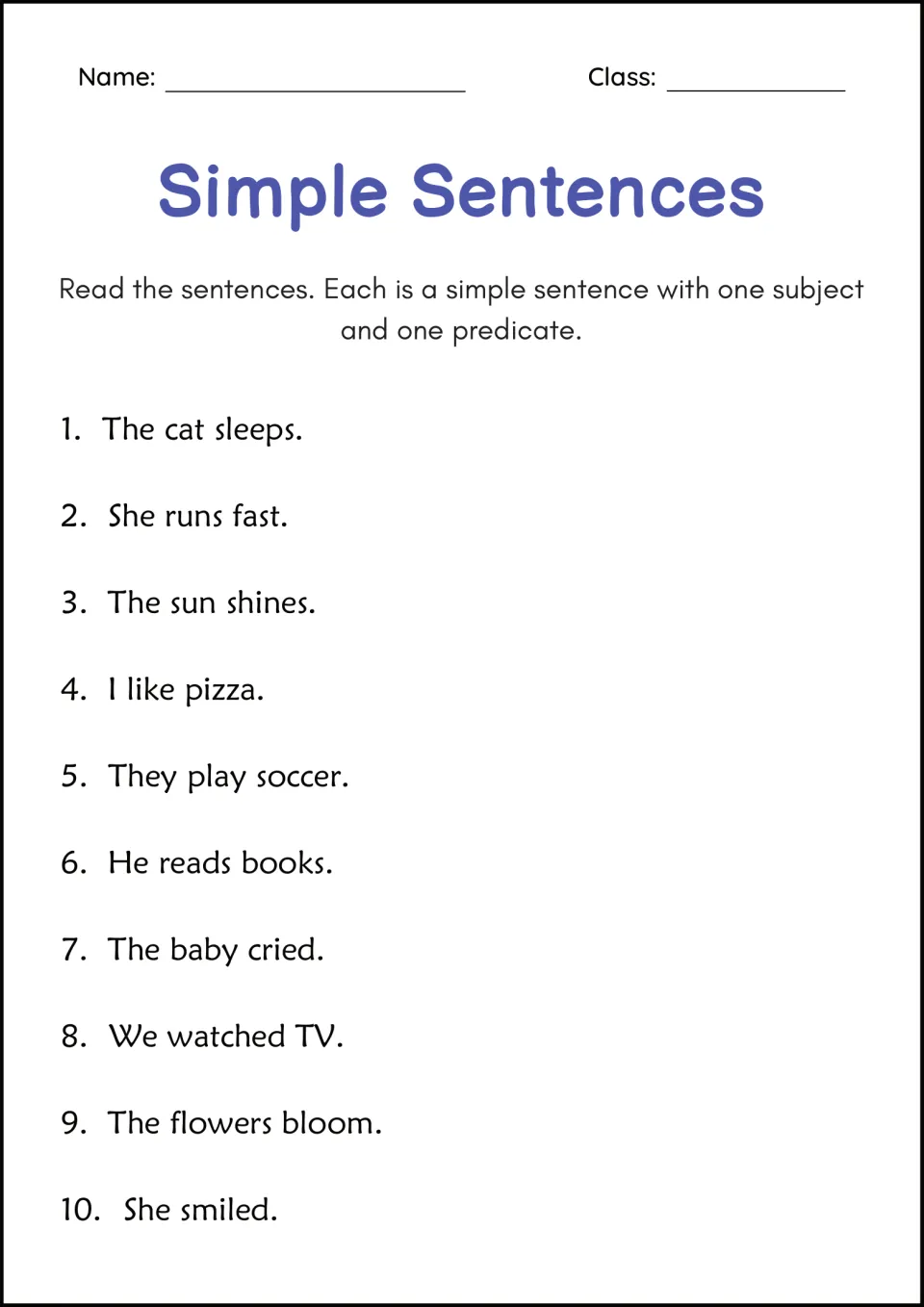 Simple sentences: students read 10 short examples like "The cat sleeps", each with one subject and one predicate